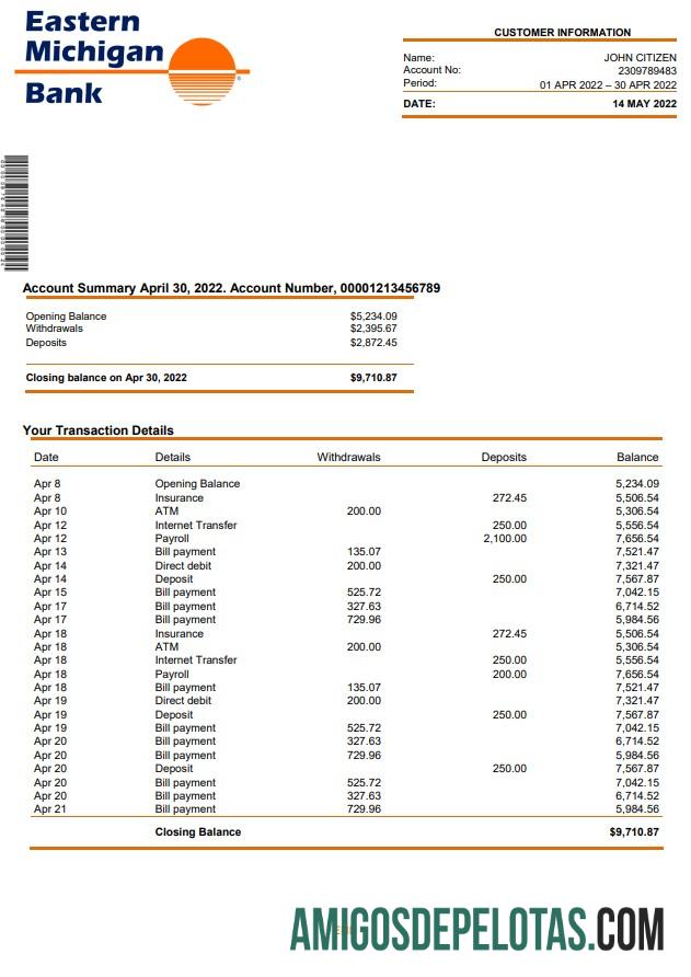 USA Eastern Michigan extrato bancário amostra